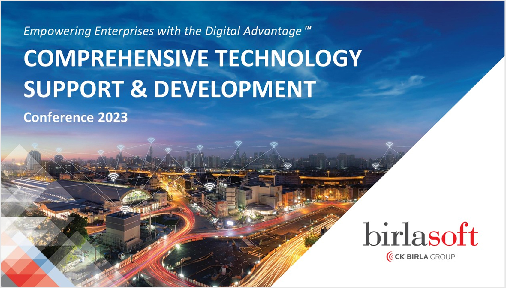 Technology support and development conference presentation cover with cityscape